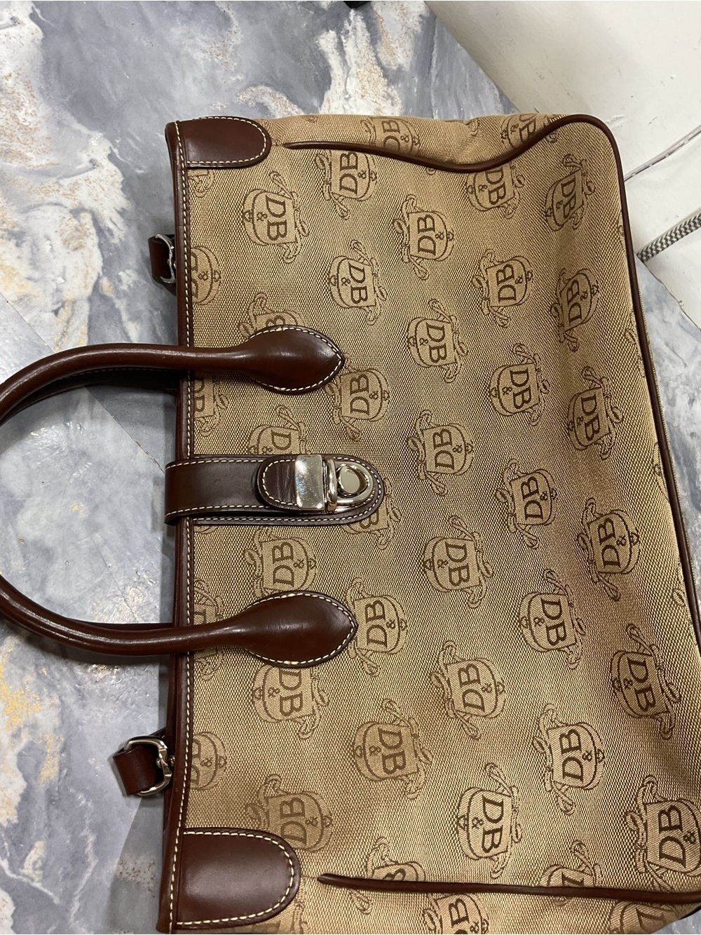 Dooney & Bourke Tan Canvas Logo Satchel with Brown Leather Trim - Picture 3 of 16